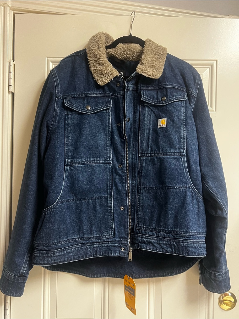 Carhartt Kids Dark Blue Denim Jacket with Cream Sherpa Collar